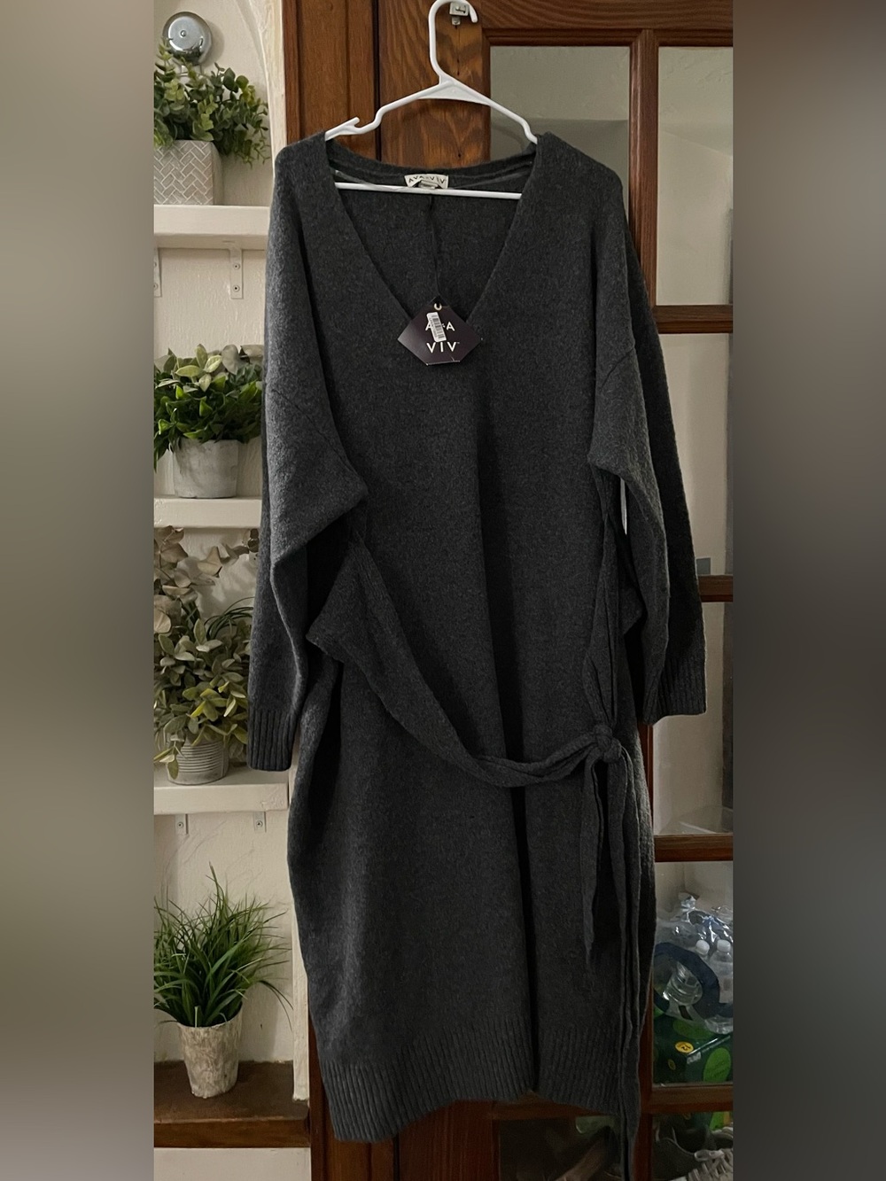 Charcoal Gray V-Neck Tie-Waist Sweater Dress